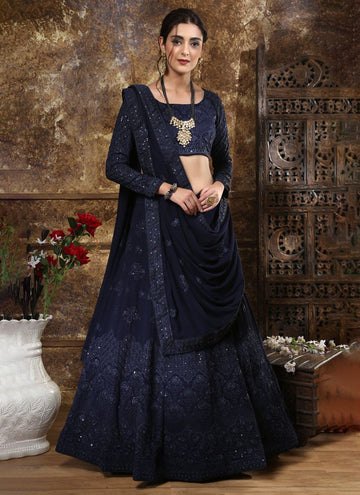 Faux Georgette Lucknowi Work Navy Blue Lehenga For Festival